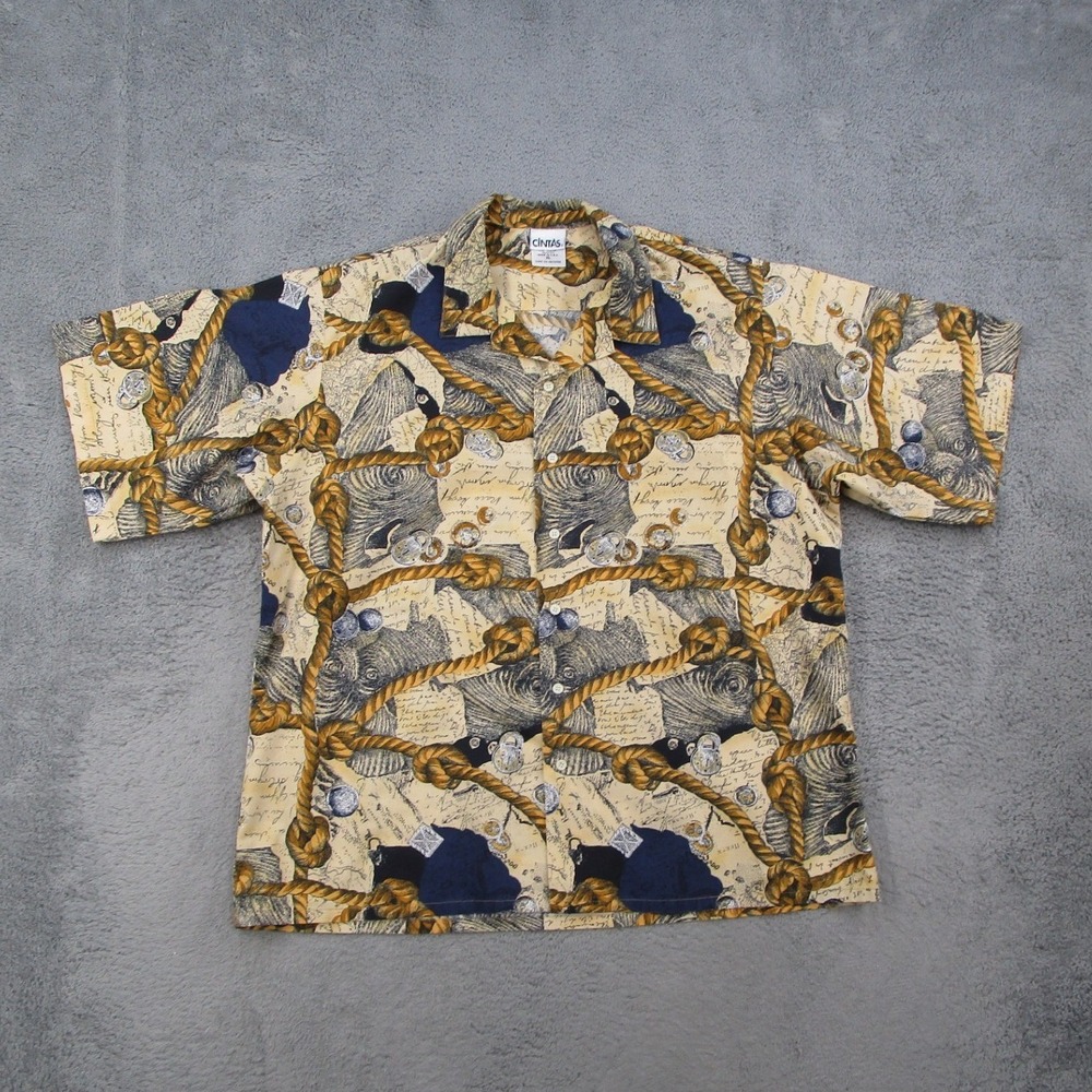 Vintage Cintas Men XL Nautical Rope Map Script Print Button Down Shirt USA Made